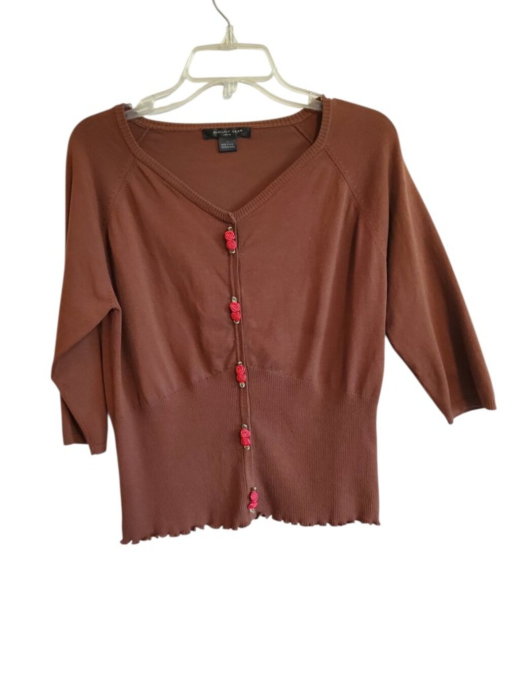 August Silk Cardigan Chocolate‎ Brown Rose Embellished Snap Buttons Large
